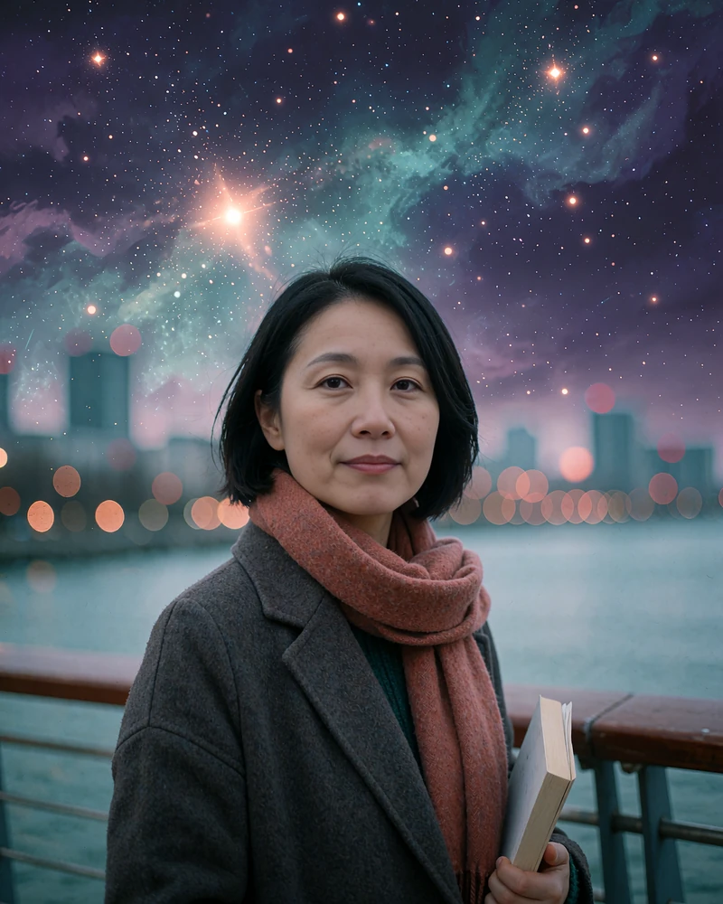 Woman with a short black bob and rust scarf holding a paperback on a waterfront bridge at blue hour