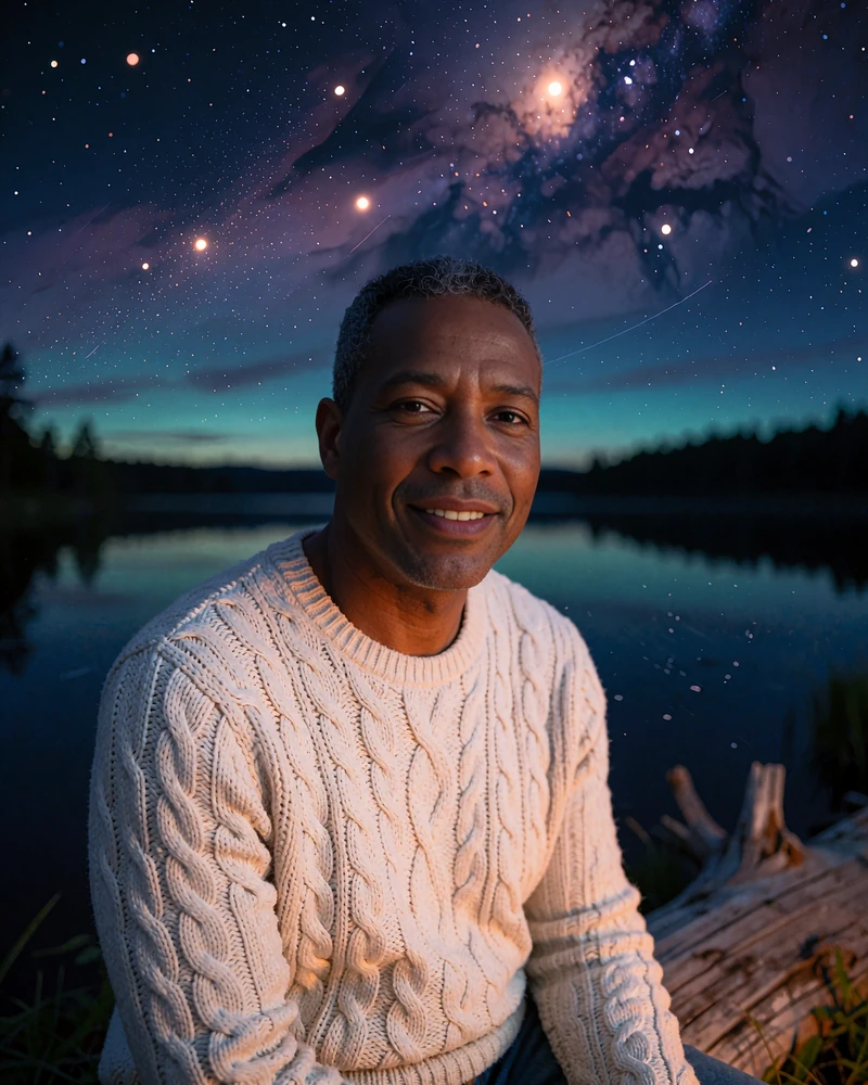 Man with graying hair in a cream knit sweater smiling by firelight beside a lake at twilight