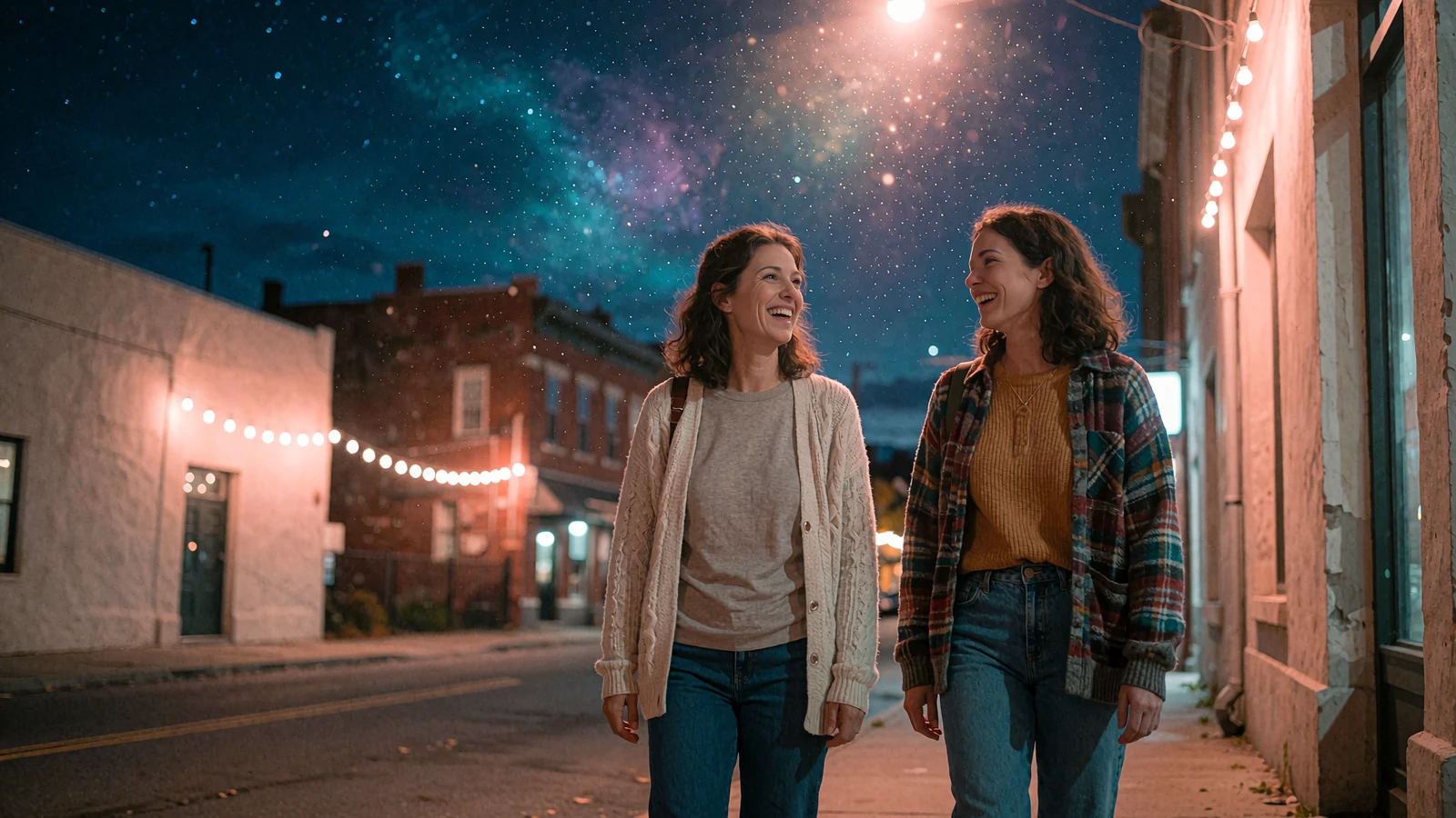 Two adults in autumn layers laughing as they walk along a quiet city sidewalk lit by string lights at blue hour