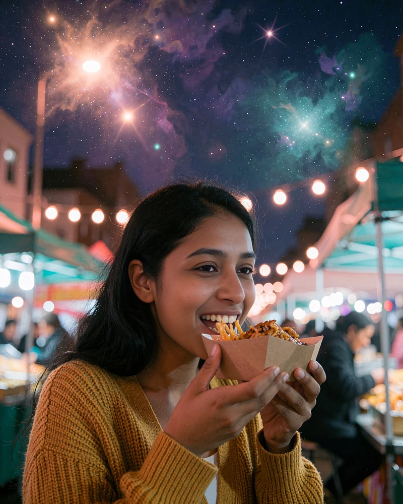 Woman in a mustard cardigan grinning mid-bite while holding a food tray at an evening street market