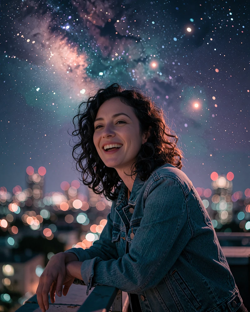 Woman with curly dark hair in a denim jacket laughing at a rooftop railing above city lights at dusk