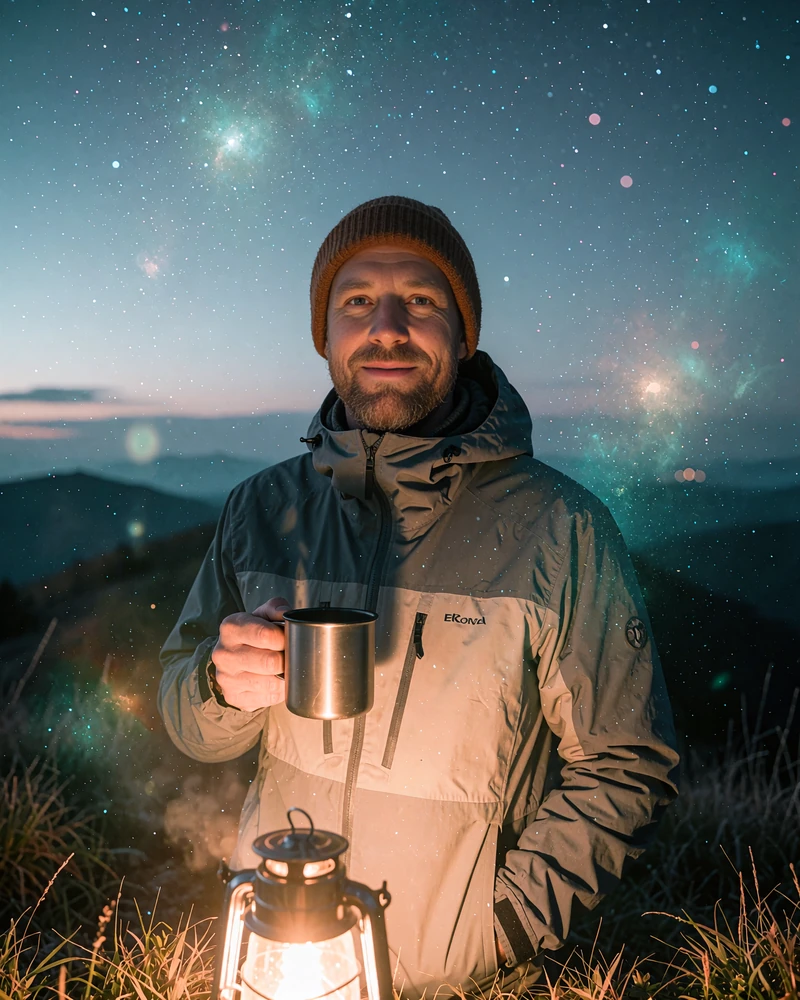 Bearded man in a beanie holding a camping mug and smiling on a grassy hilltop at blue hour