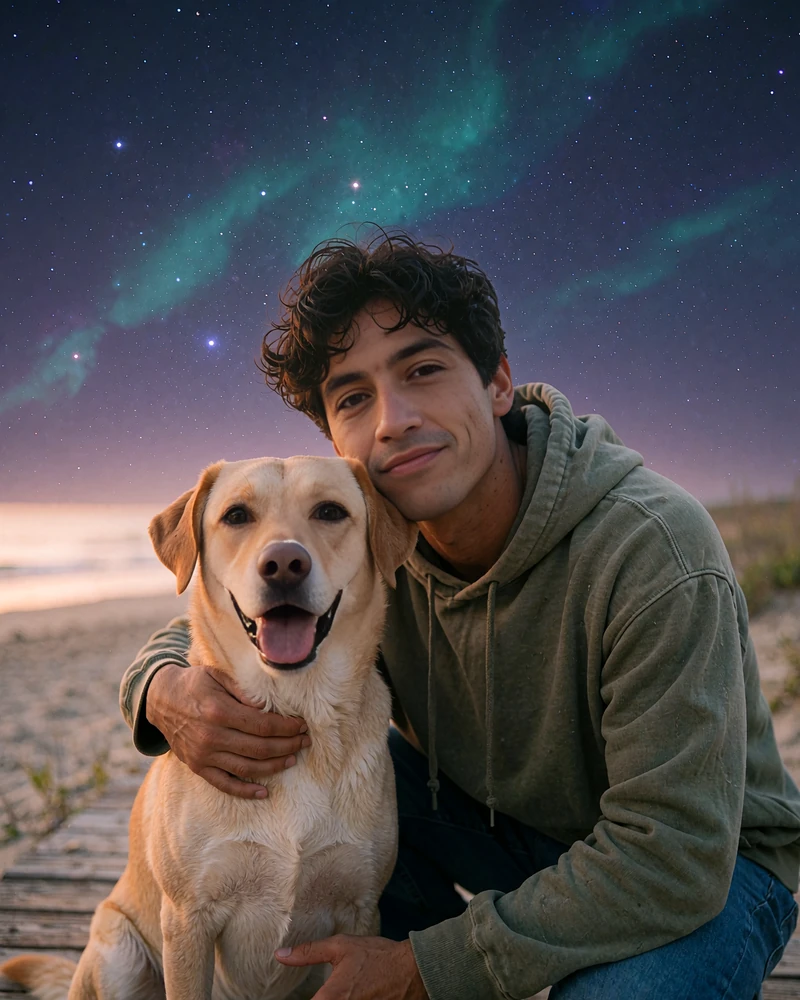 Man in an olive hoodie crouching on a beach boardwalk at dusk with his arm around a sandy-colored dog