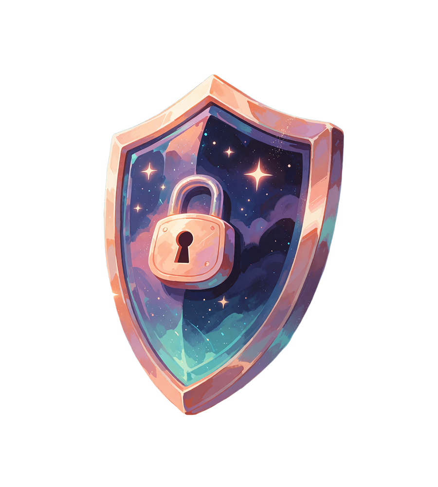 Glowing peach-gold shield with a padlock at its center, representing account privacy and security